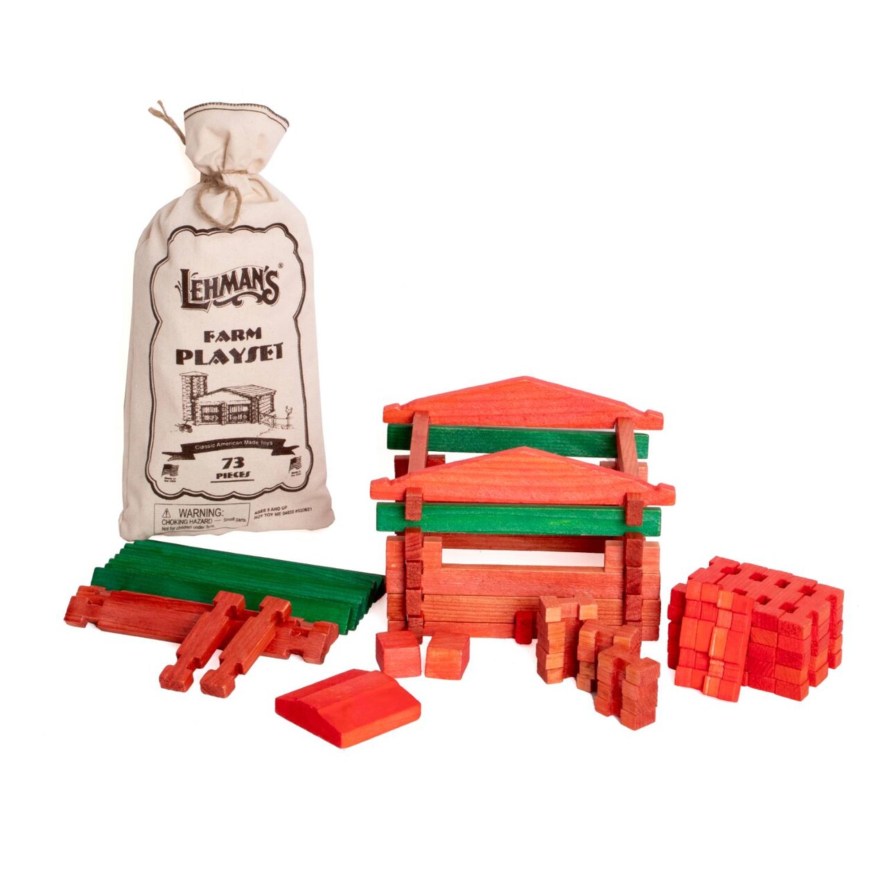 Lehman's Toy Log Farm Playset, Classic American Made Building Set, 73 Interlocking Wooden Pieces in Handy Storage Bag